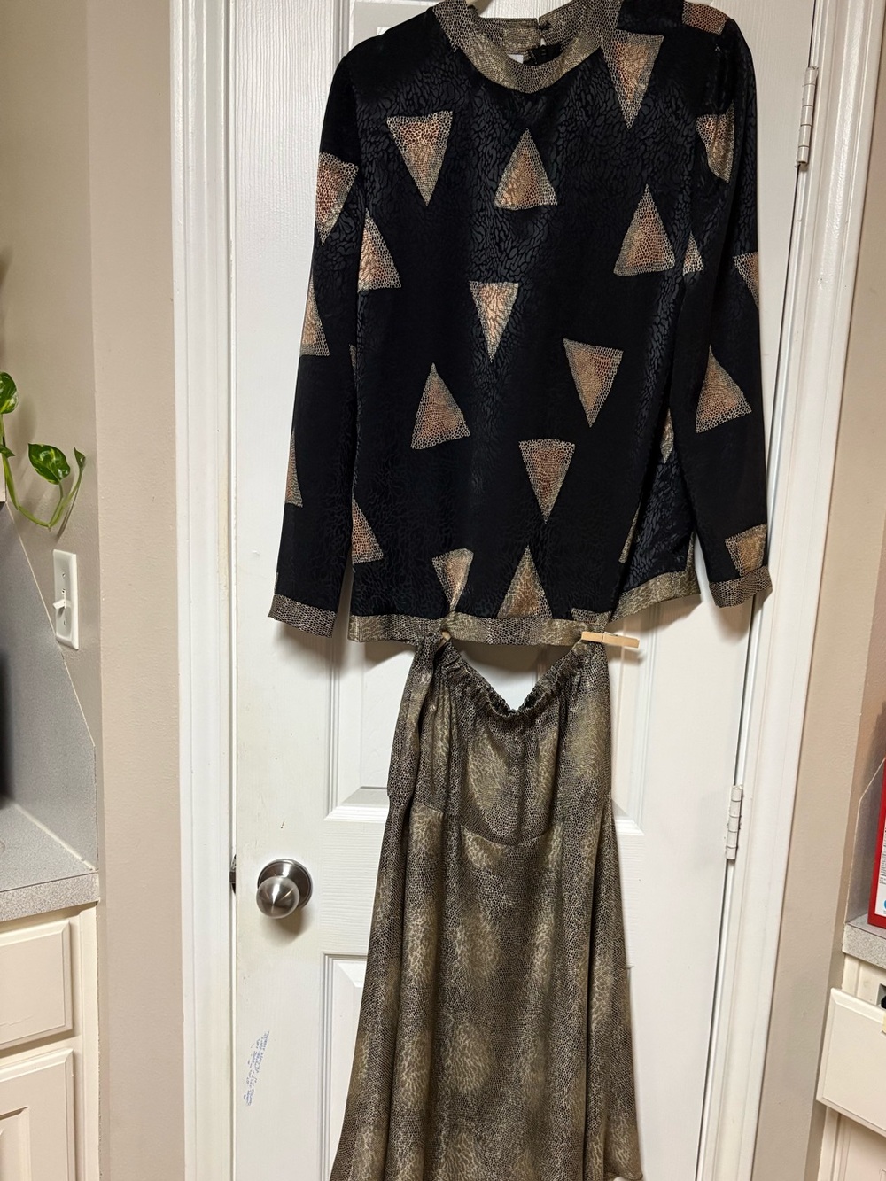 Vintage Caron Chicago 2-Piece Skirt Set Triangle Jacquard Blouse 12 Skirt 8